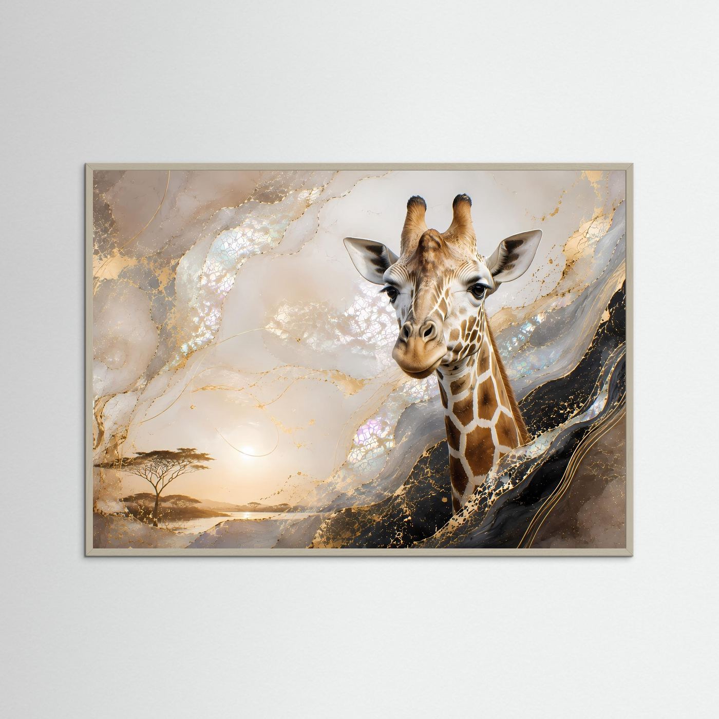 Abstrakte Safari-Wandkunst mit Giraffenmotiv, grauer Rahmen, Gold-Perlmutt-Töne