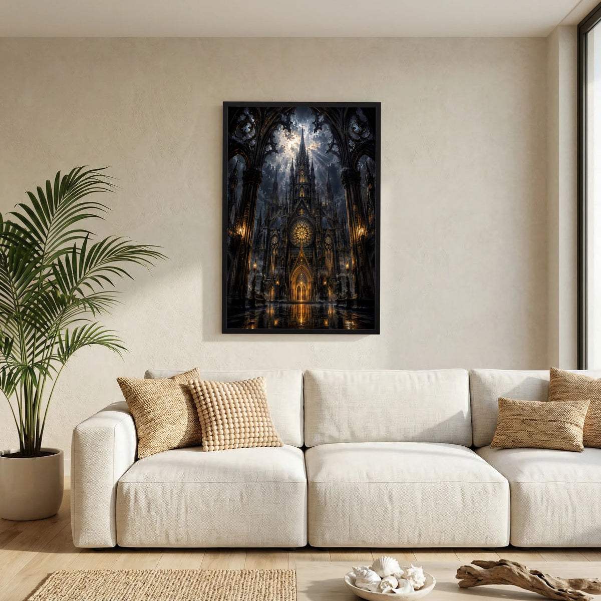 Hochformat-Poster der gotischen Kathedrale in Schwarz und Gold, schwarzer Rahmen