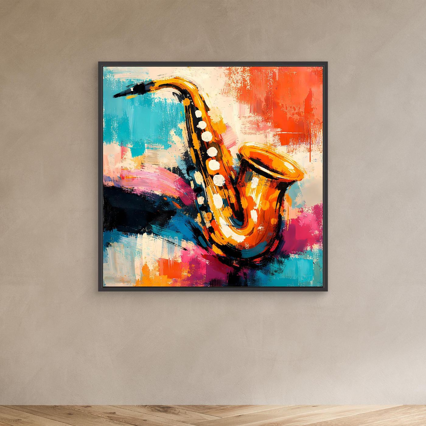Abstract saxophone wall art in blue, orange, and pink with white keys, in dark frame