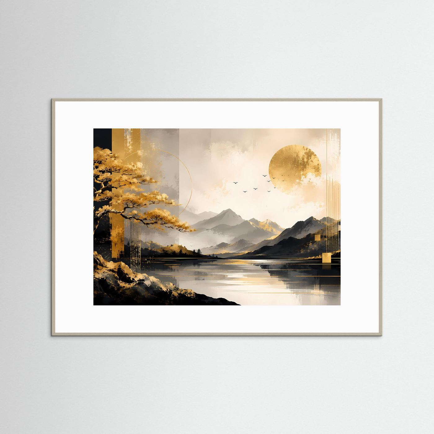 Goldener Bonsai am Bergsee | Elegante Landschaft mit Bergen, Sonne und Wasser | Moderne Naturkunst in Schwarz, Gold und Creme im Querformat