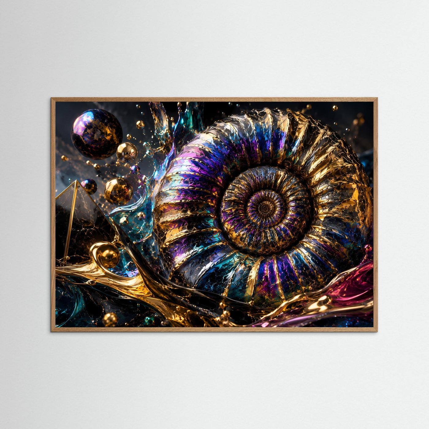 Ammonit Fossil Wandbild | Luxuriöse Geoden Kunst | Abstrakte Gold Blau Lila Wanddekoration | Moderne Premium Leinwand | Geometrische Naturkunst