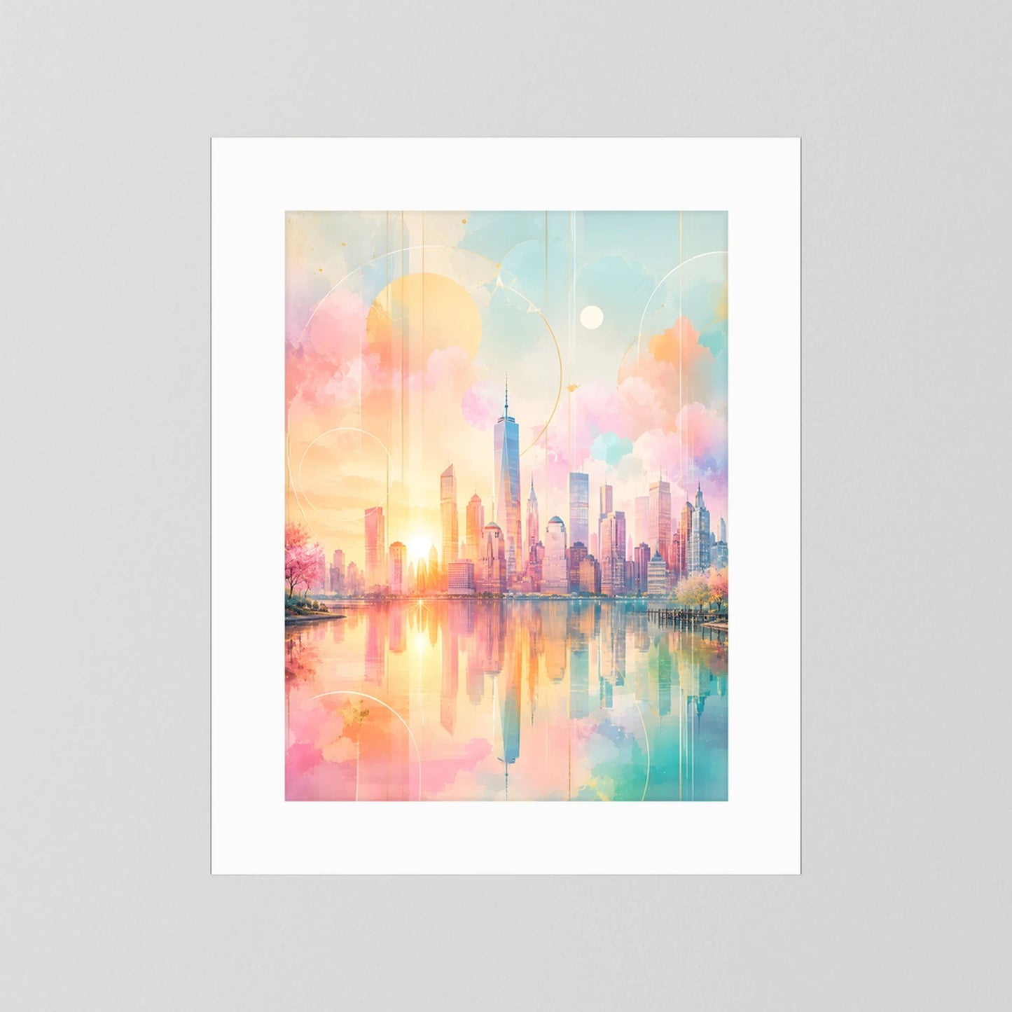 Hochformatiges Kunstposter ohne Rahmen, abstrakte Skyline in Pastellrosa und Türkis