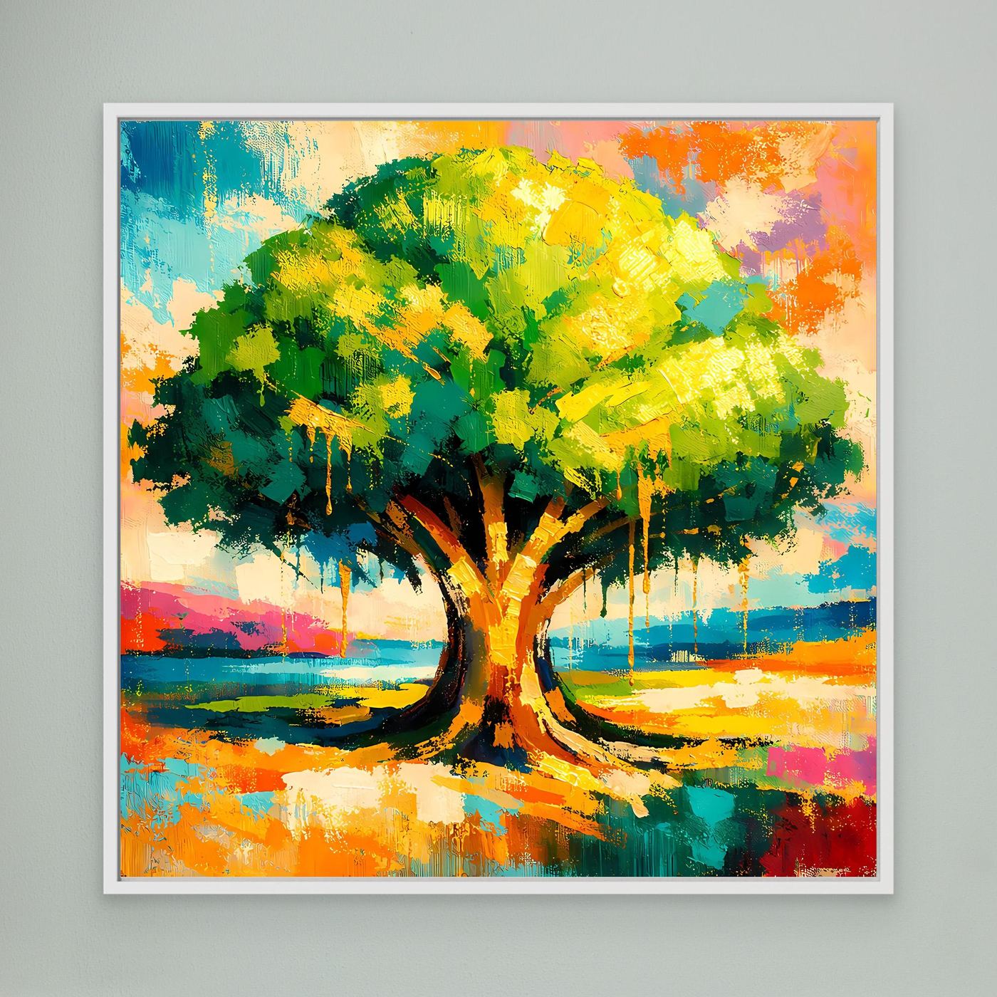 Leinwandbild mit abstraktem Baum im Farbverlauf, weiß gerahmt