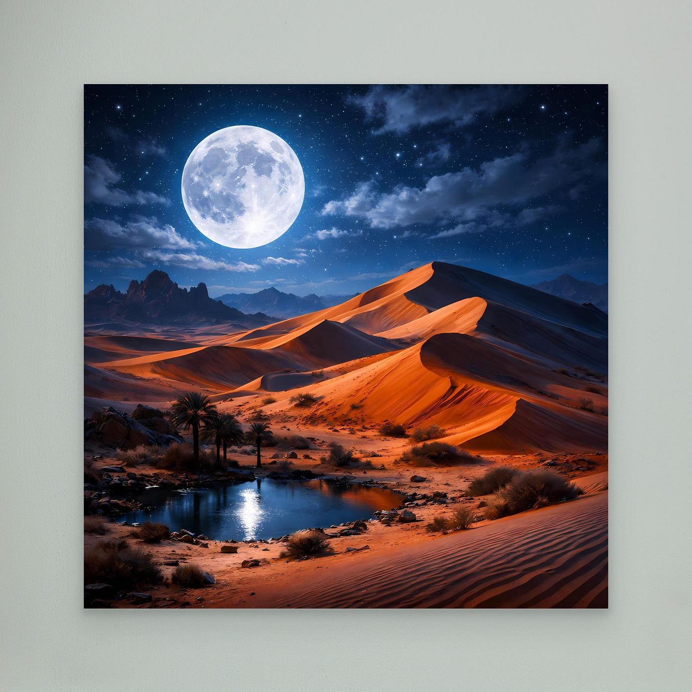 Leinwand-Wandbild mit Mond über Wüstenlandschaft, Oase im Vordergrund und leuchtenden Dünen