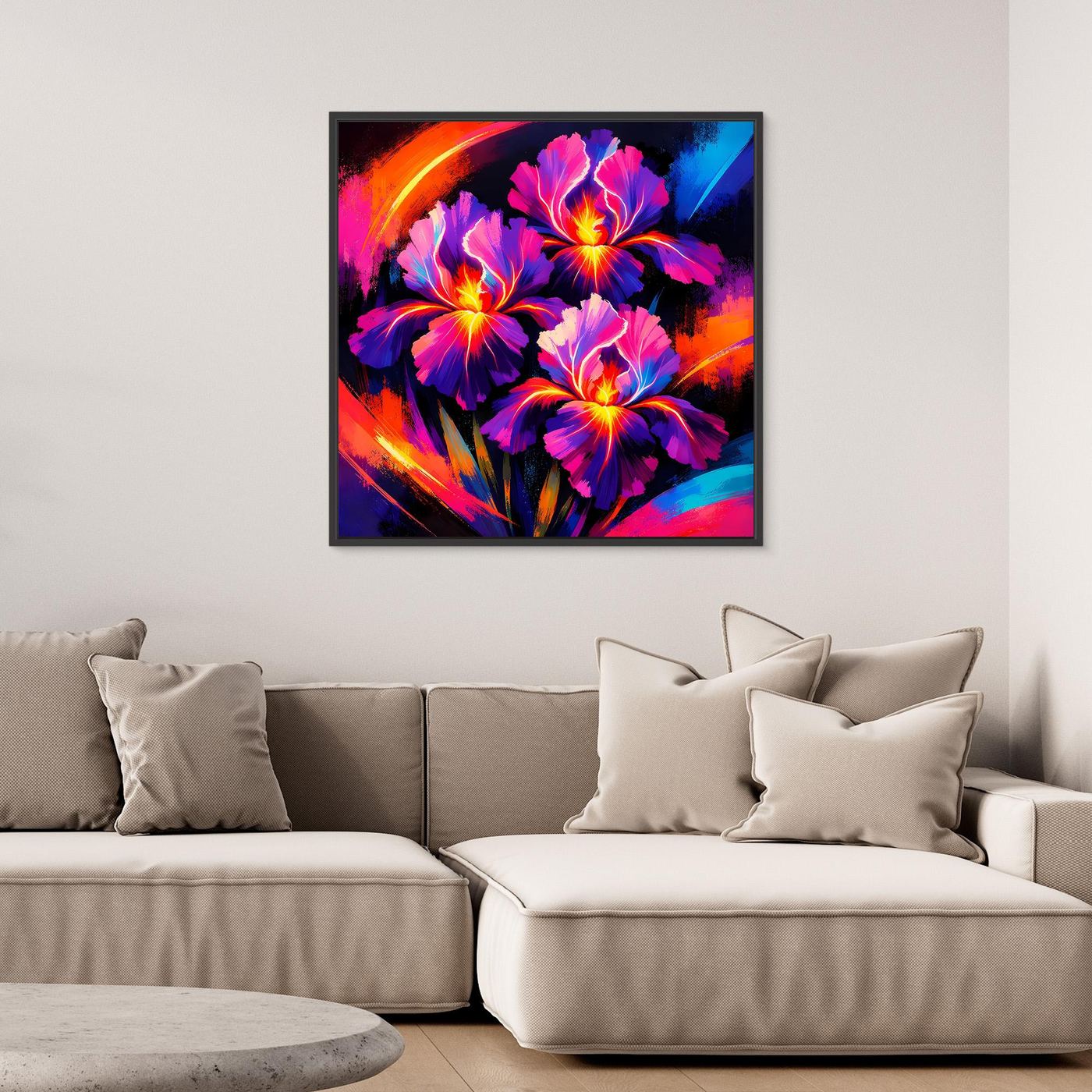 Leinwandbild mit abstrakten Irisblüten in Neonfarben im dunklen Rahmen