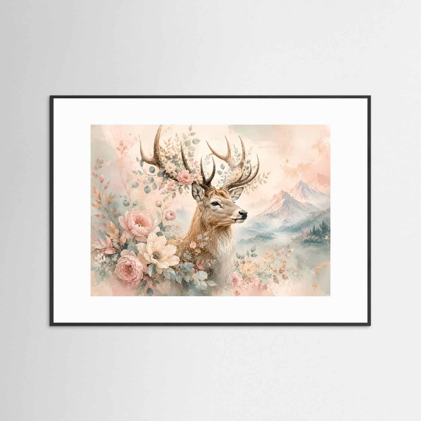 Hirsch mit Blumen Poster | Floraler Hirsch in Pastellfarben | Elegante Natur Wandkunst | Romantische Berglandschaft | Premium Leinwand & Wall Art