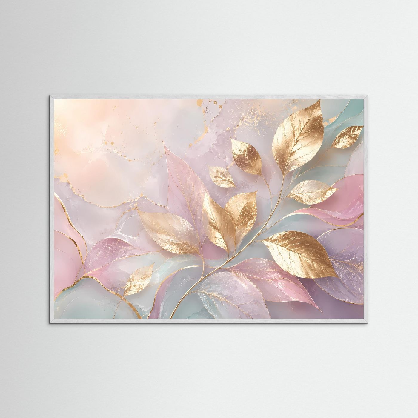 Goldene Blätter Poster | Pastell Wandkunst mit Gold | Elegante Botanische Abstrakte Kunst | Modernes Natur Wandbild