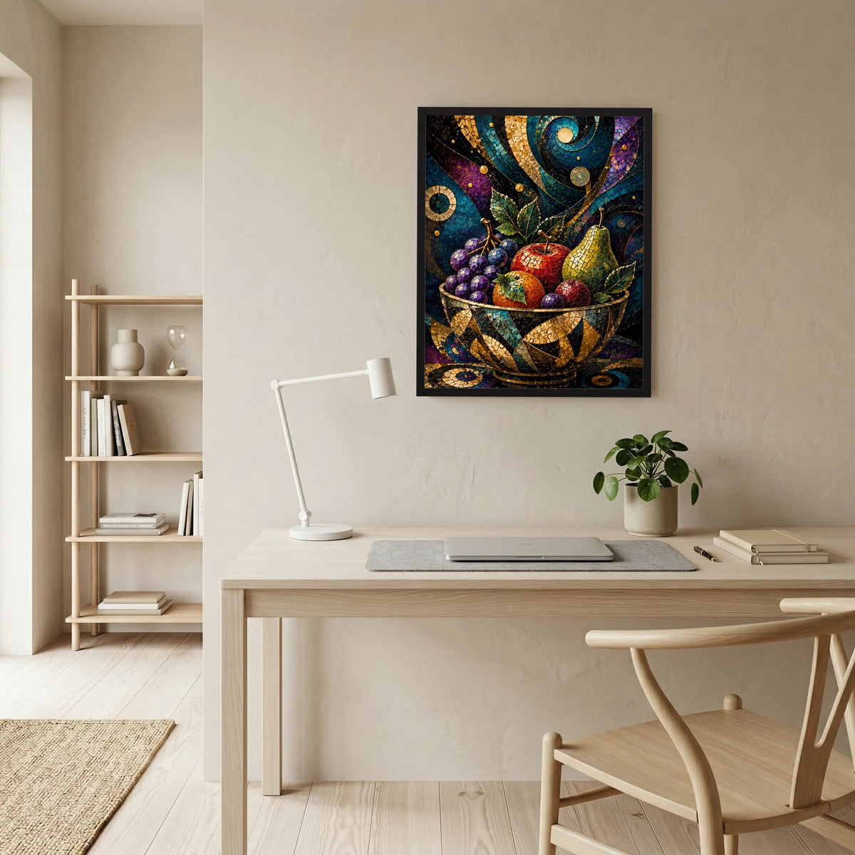 Hochformat-Poster mit Rahmen: Mosaik-Obstschale mit goldenen Akzenten und Weintrauben