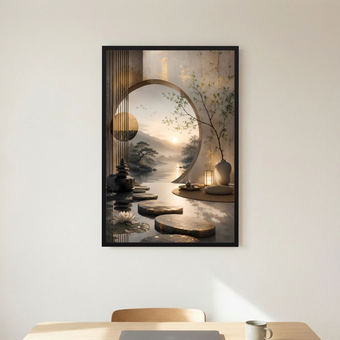 Poster im schwarzen Holzrahmen mit asiatischer Morgenlandschaft, rundem Bogen und Laterne