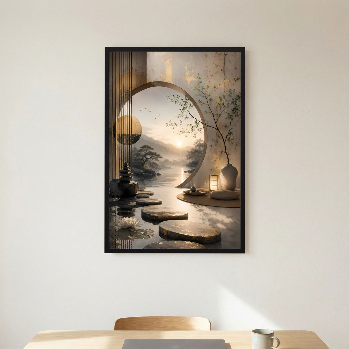 Poster im schwarzen Holzrahmen mit asiatischer Morgenlandschaft, rundem Bogen und Laterne