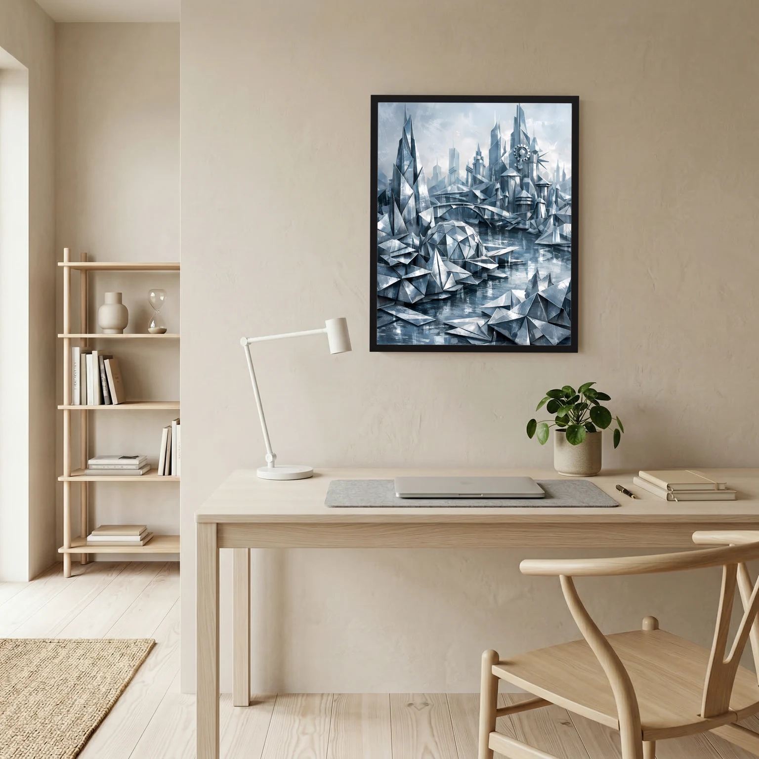 Wandbild mit geometrischer Fantasy-Stadt in Silber und Blau im schwarzen Rahmen