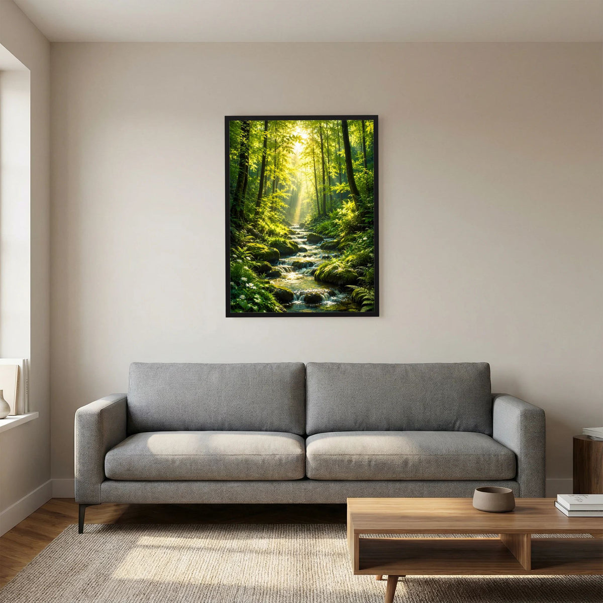 Hochformat-Poster mit grünem Wald, kleinem Bach und Sonnenstrahlen, schwarz gerahmt