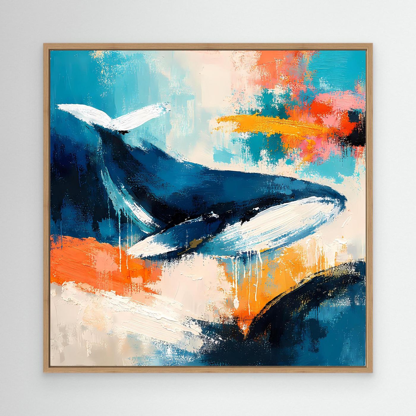 Leinwand-Wandbild mit abstraktem Wal in Blau, Türkis und Orange, mit hellem Holzrahmen