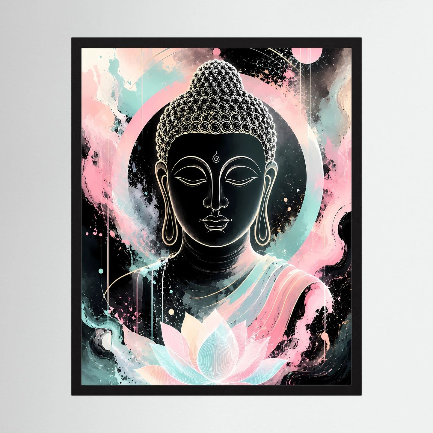 Gerahmtes Buddha-Poster im Hochformat mit schwarzer Buddhafigur und Lotus in Pastellfarben
