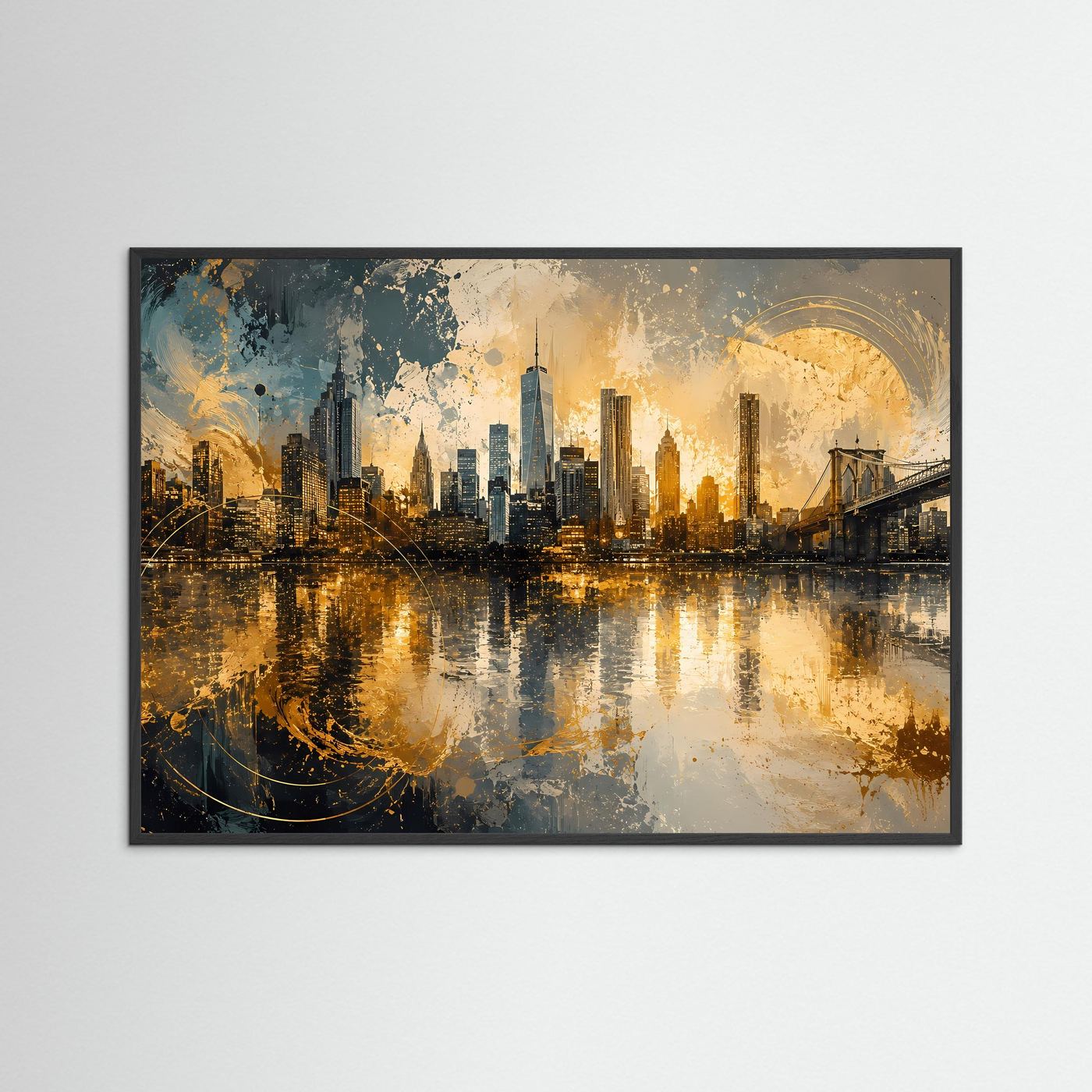 New York Skyline in Gold Poster | Abstrakte Manhattan Kunst mit Brooklyn Bridge Modernes Wandbild Querformat