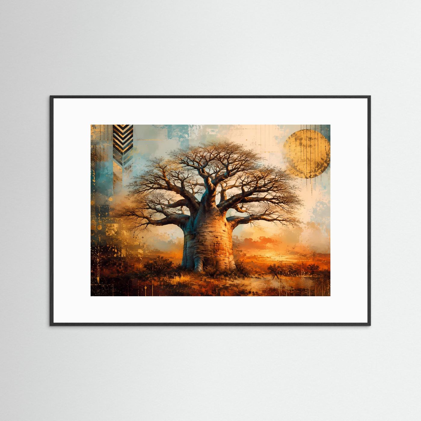 Majestätischer Baobab-Baum im Sonnenuntergang | Modernes Wandbild mit Natur-Motiv & Gold-Akzenten