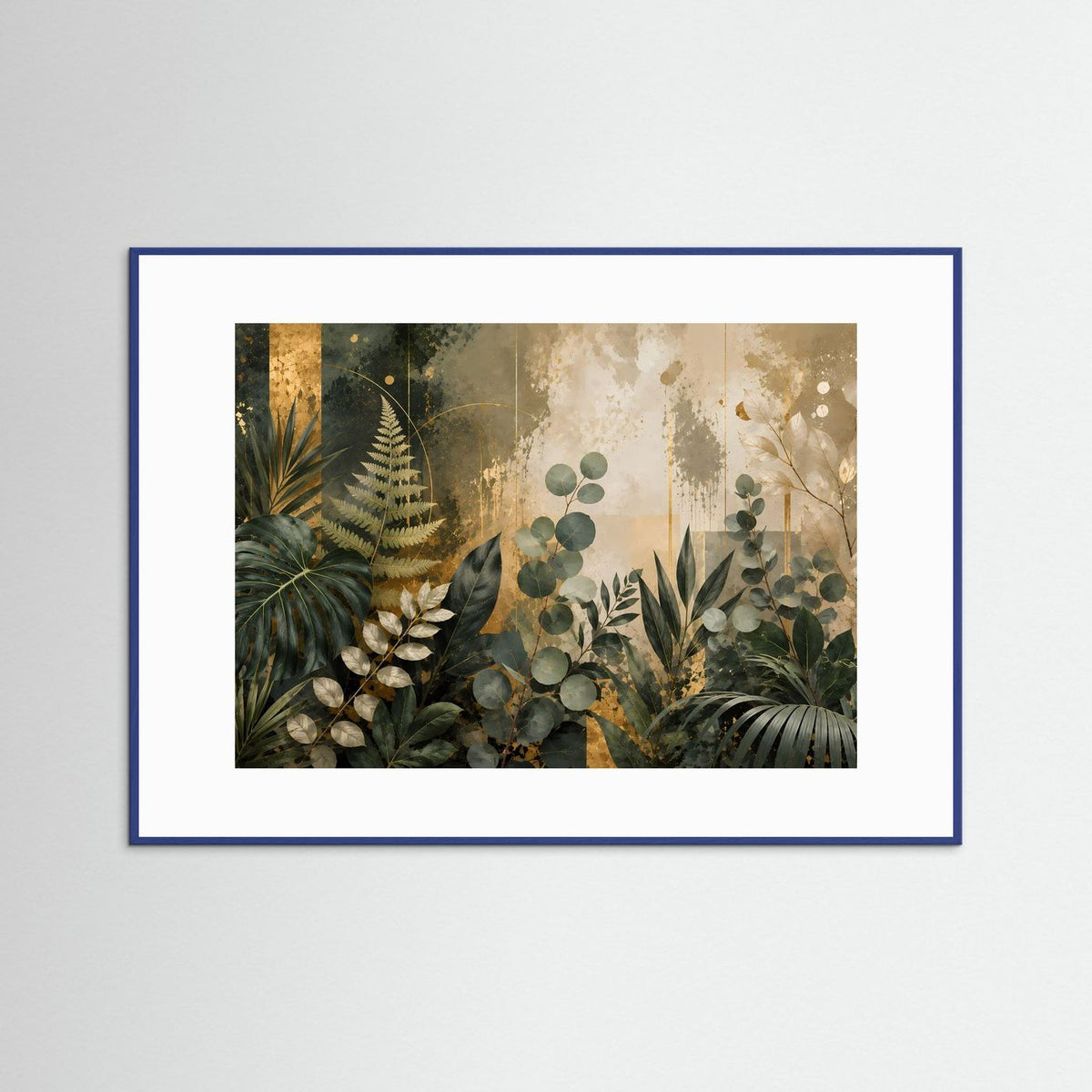 Querformat-Poster mit botanischem Blattmotiv in Grün, Gold und Beige, im blauen Rahmen.