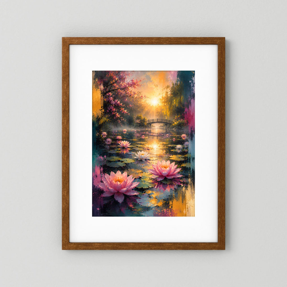 Gerahmtes Poster: Seerosenlandschaft mit Brücke, leuchtende Sonne auf spiegelndem Wasser.