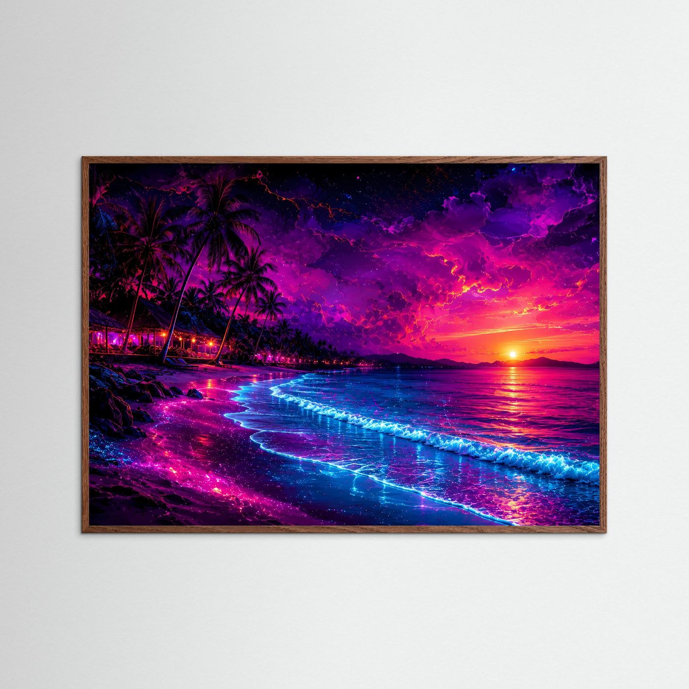 Neon Tropenparadies am Strand | Vibriendes Synthwave & Sunset Poster Querformat