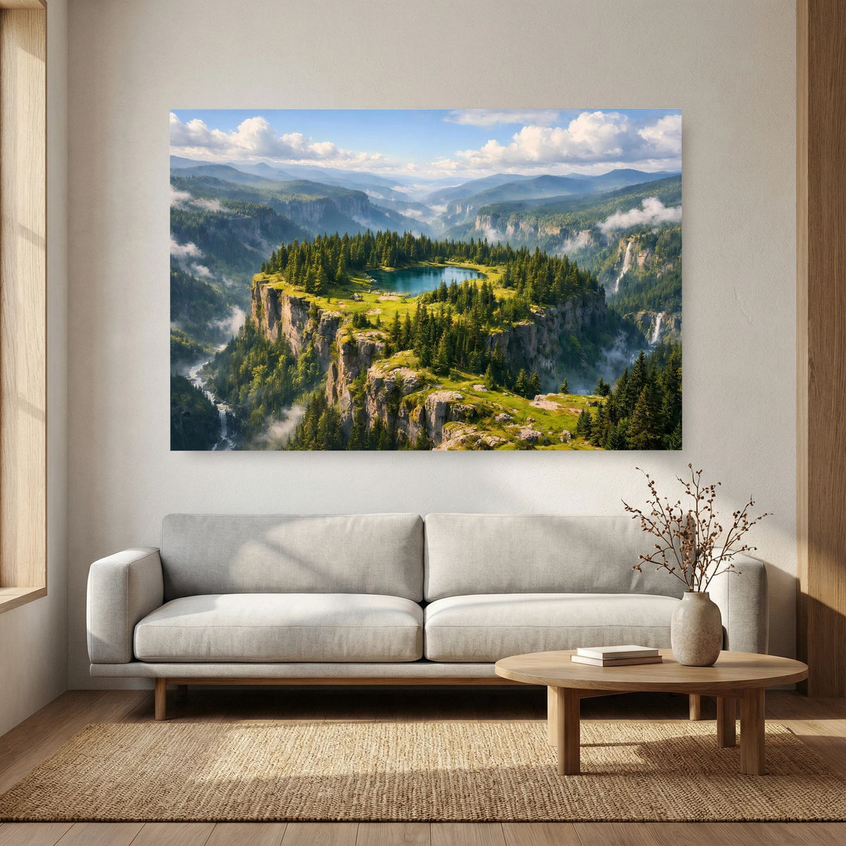 Wandbild im Querformat mit Bergsee auf Felsplateau, Waldhängen und Nebel in den Tälern