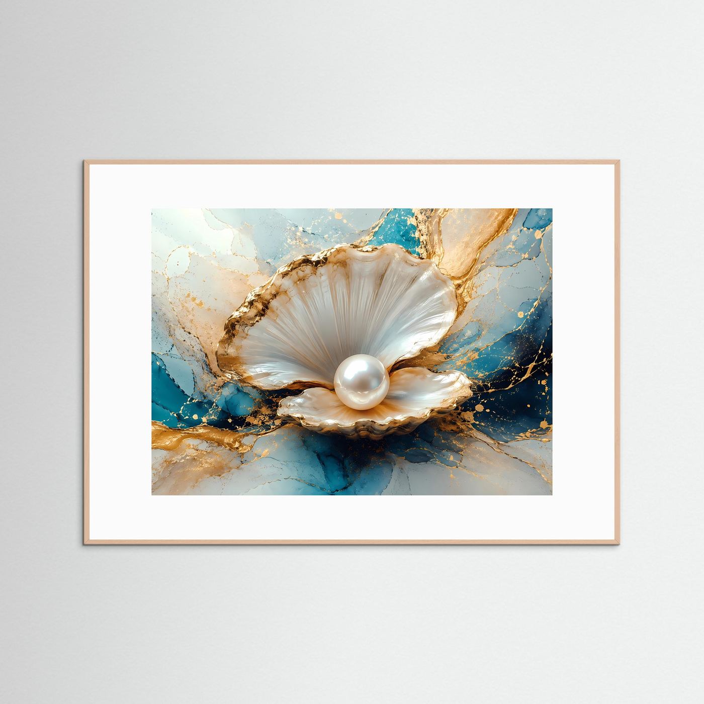 Perlenmuschel Poster | Elegante Muschel mit Perle Wandbild | Luxuriöse Gold Blau Marmor Kunst