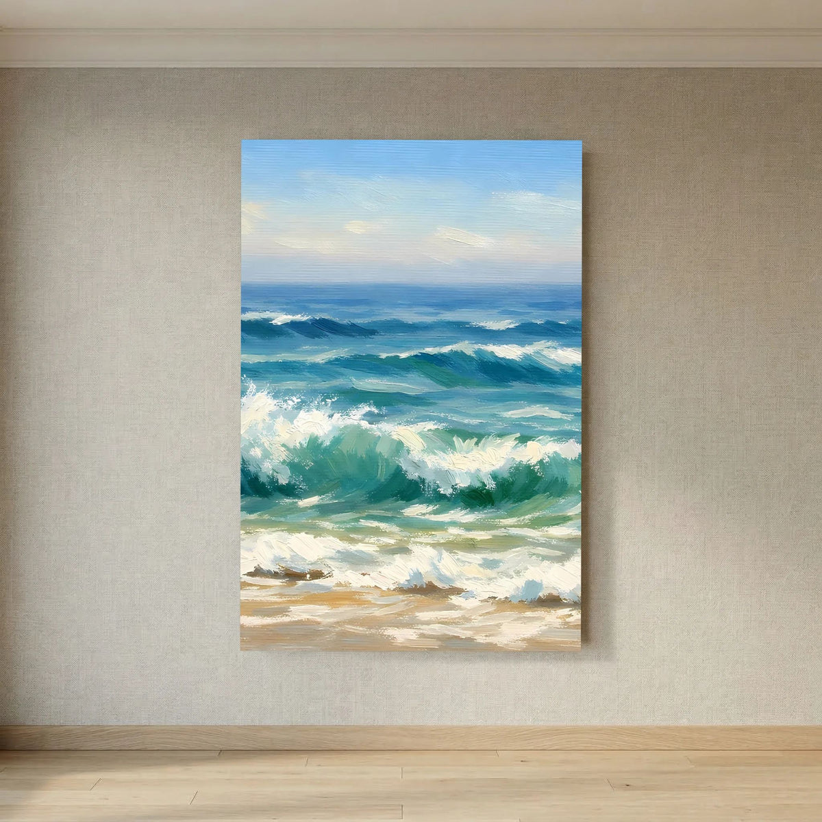 Wandbild Hochformat mit stilisierten Meereswellen in Blau, Grün und beigen Strandbereichen
