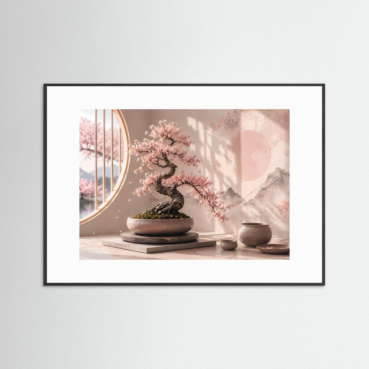 Poster im Querformat mit Bonsai und Kirschblüten in Pastellrosa, schwarzer Rahmen mit weißem Rand