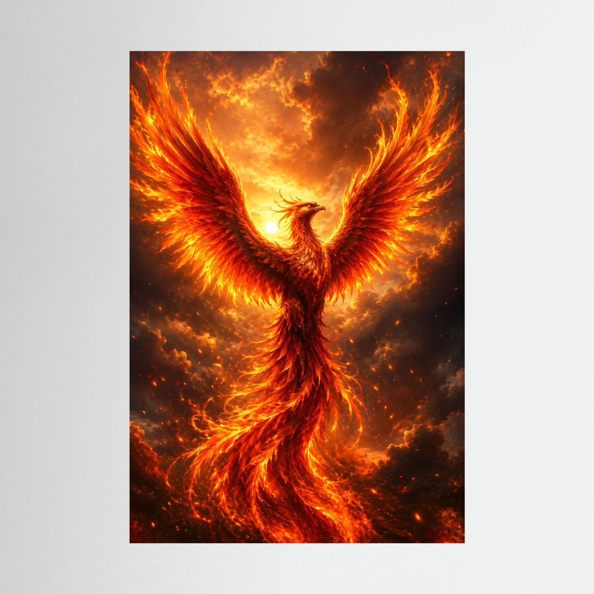 Hochformat-Poster mit Phönix in Flammen, orange-gelbe Glut und Funken