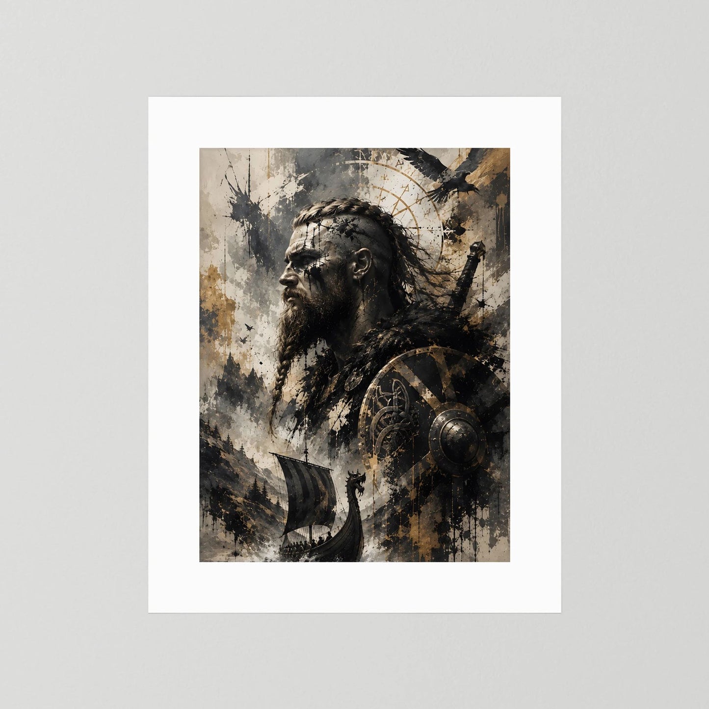 Wikinger-Krieger-Poster im Hochformat mit weißem Rand, Krieger mit Schild und Speer.