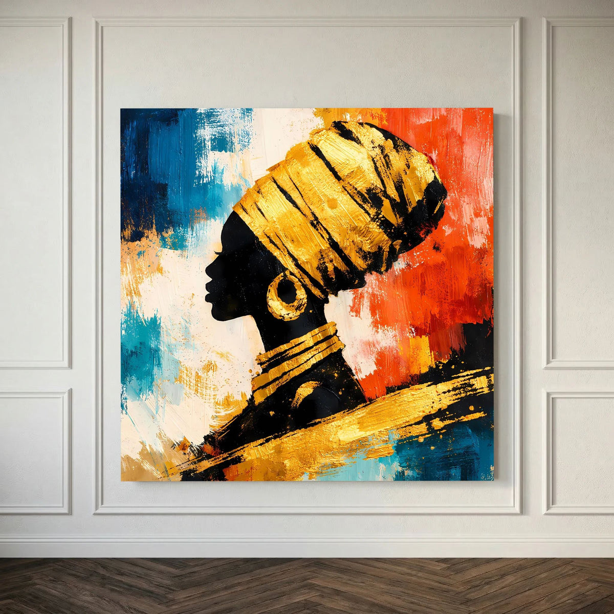 Leinwand-Wandbild im Detail: abstraktes Kopfprofil in Blau, Rot und Gold, in heller Einfassung