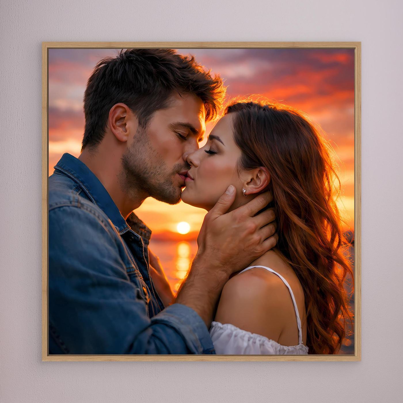Leinwand Romantischer Kuss im Abendrot | Sinnliches Paar Wandbild