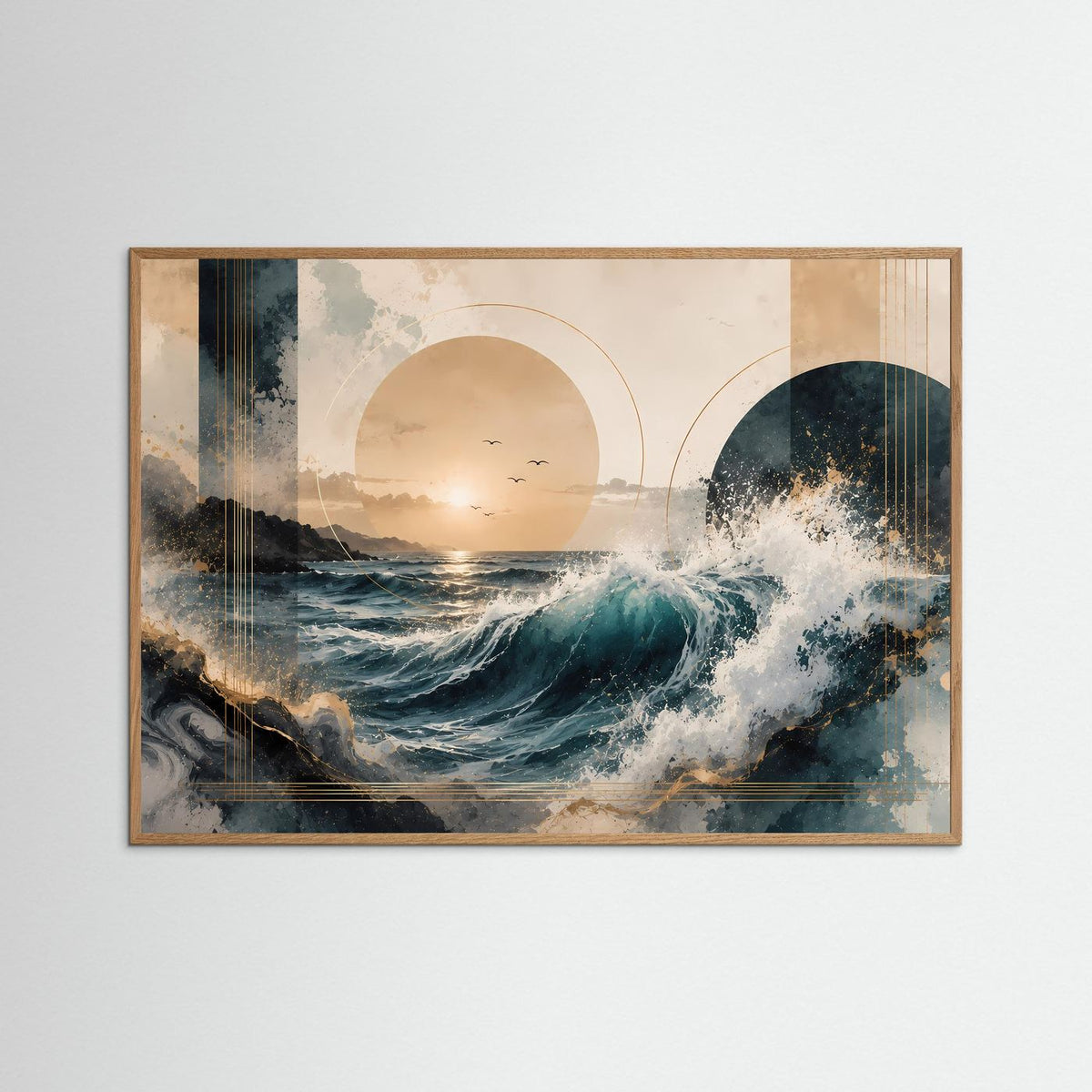 Poster im Querformat mit hellem Eichenrahmen, abstrakte Meerwellen in Blau und Gold.