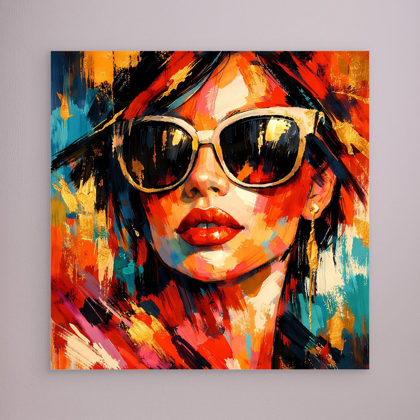 Leinwandbild Pop-Art-Frau mit Sonnenbrille, farbige Pinselmalerei, orange und blau dominierend