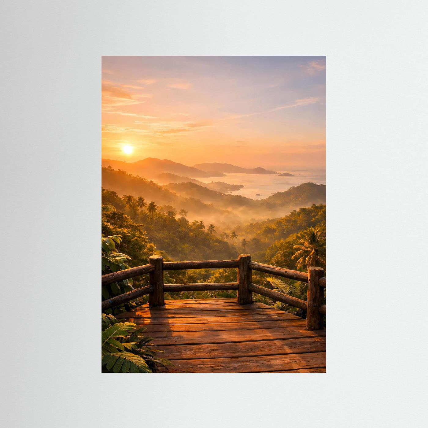 Dschungel-Poster im Hochformat mit Aussichtsterrasse und Sonnenuntergang, ohne Rahmen