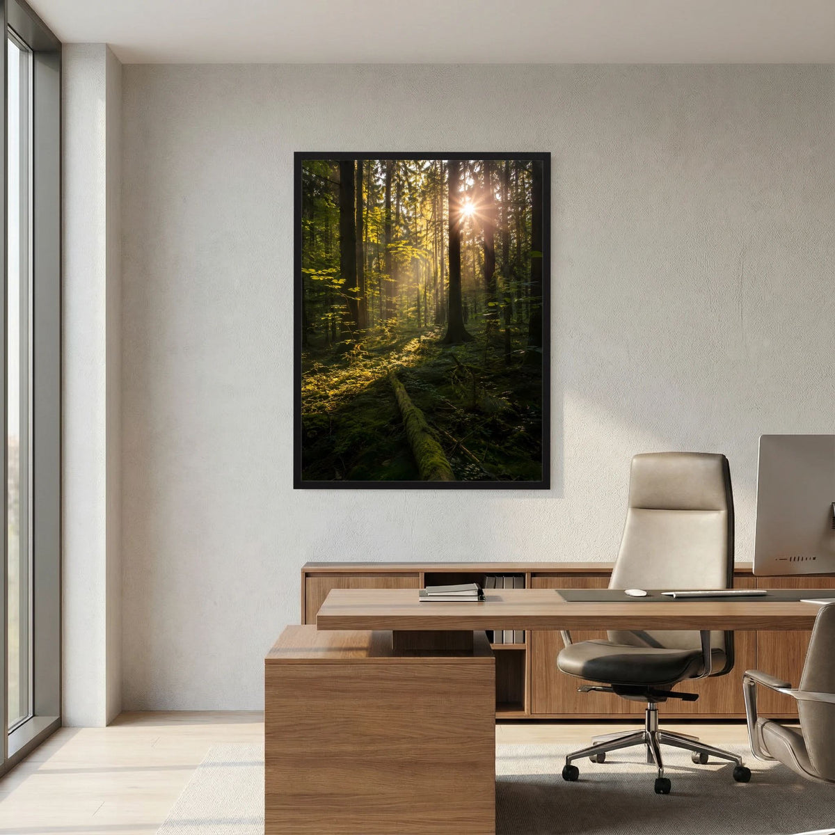 Hochformat-Poster mit Waldmotiv und Sonnenstrahlen über Büromöbeln, schwarzer Rahmen