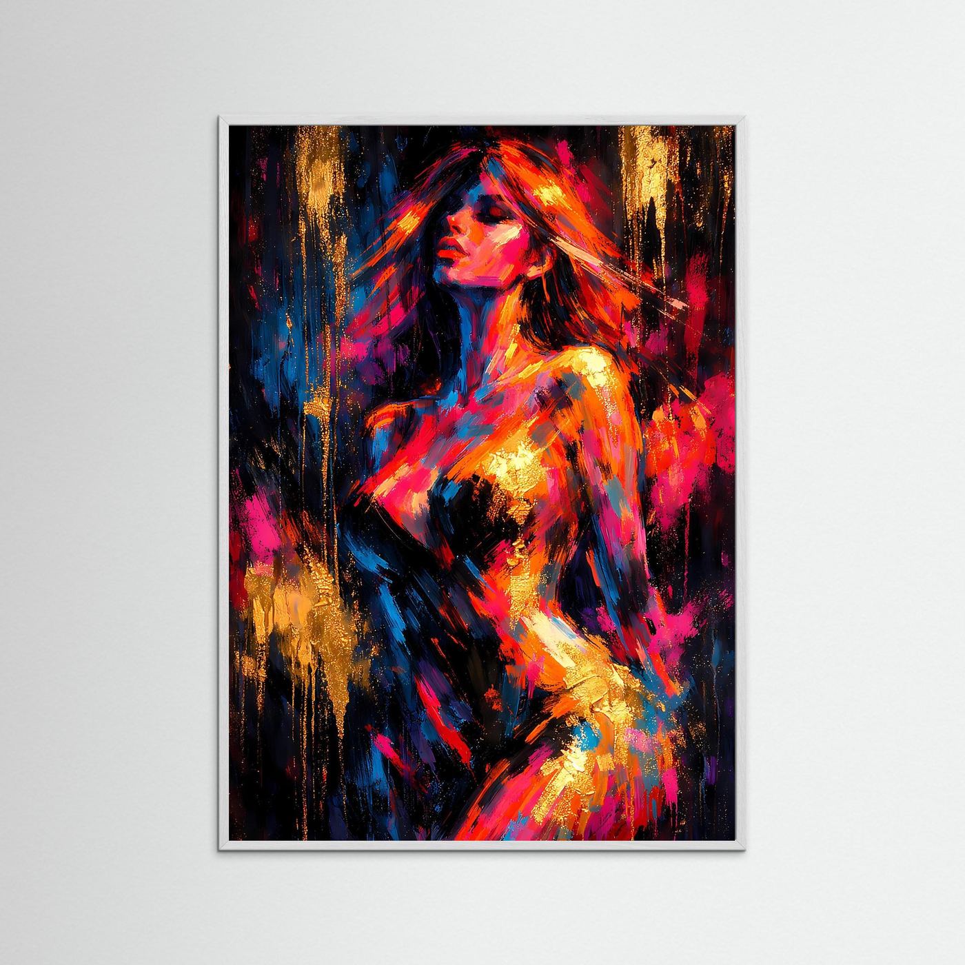 Kunstposter mit abstraktem Frauenporträt in Gold, Pink und Blau, schwarzer Rahmen