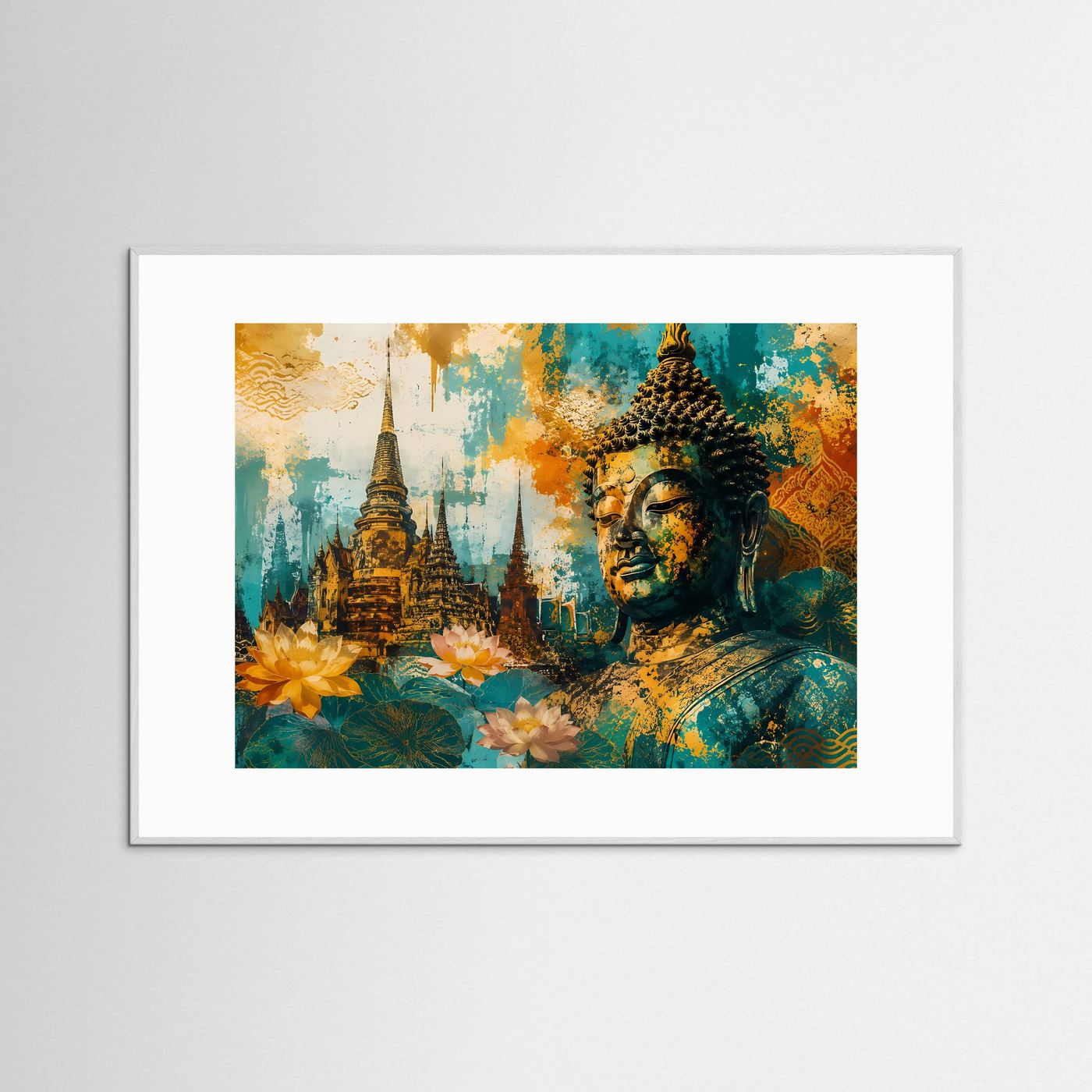 Buddha-Tempelkunst Poster im weißen Holzrahmen mit weißem Passepartout