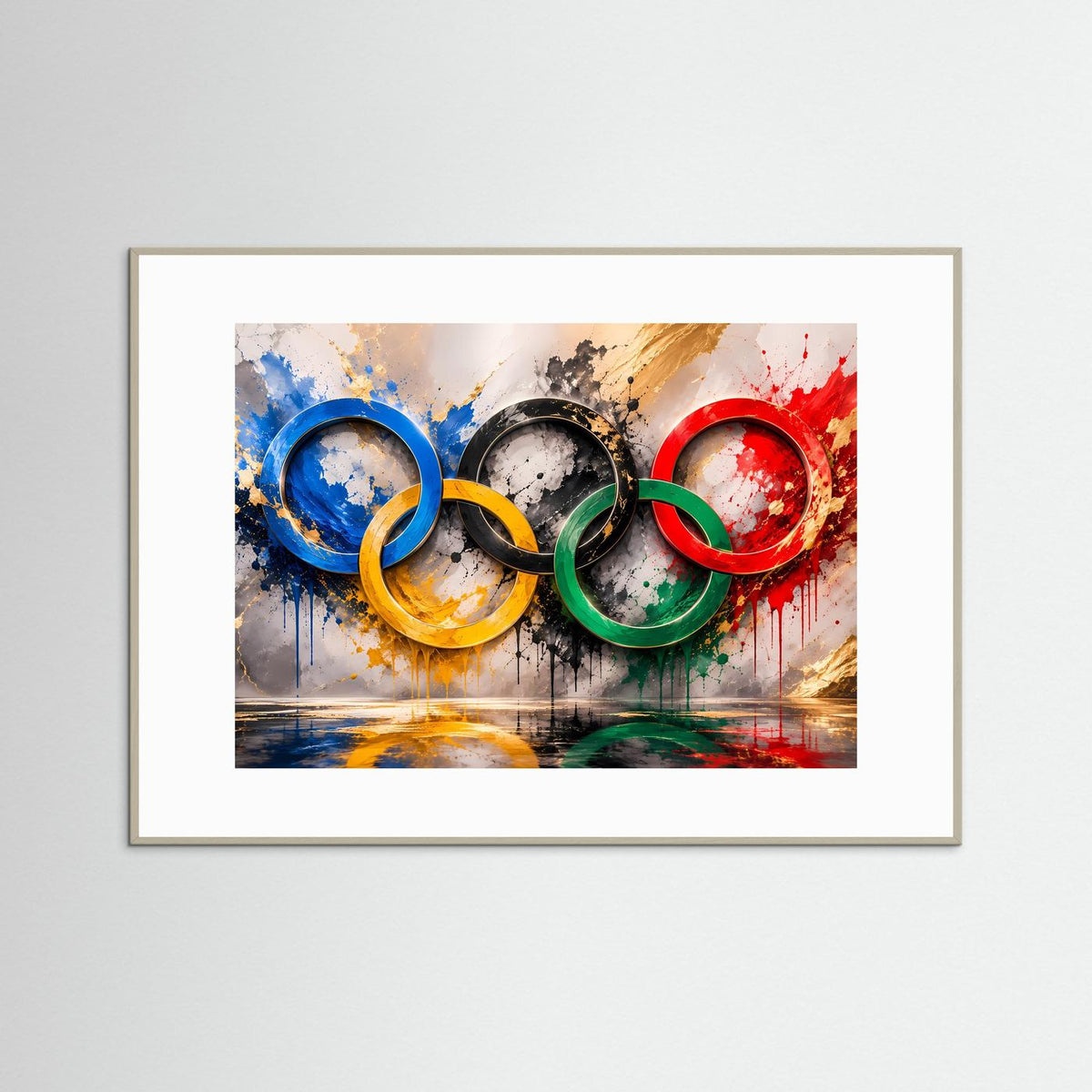 Poster mit olympischen Ringen in kräftigen Farben, im grauen Holzrahmen