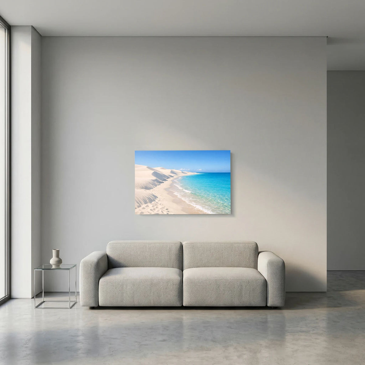 Kleines querformatiges Wandbild mit Sanddünen am türkisblauen Meer