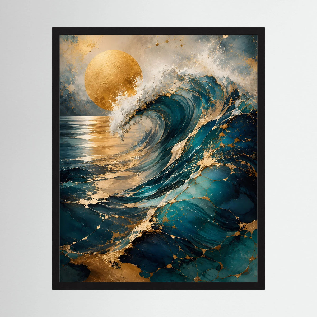 Kunstposter im Hochformat mit abstrakter Meereswelle in Petrol, Türkis und Gold, schwarzer Rahmen