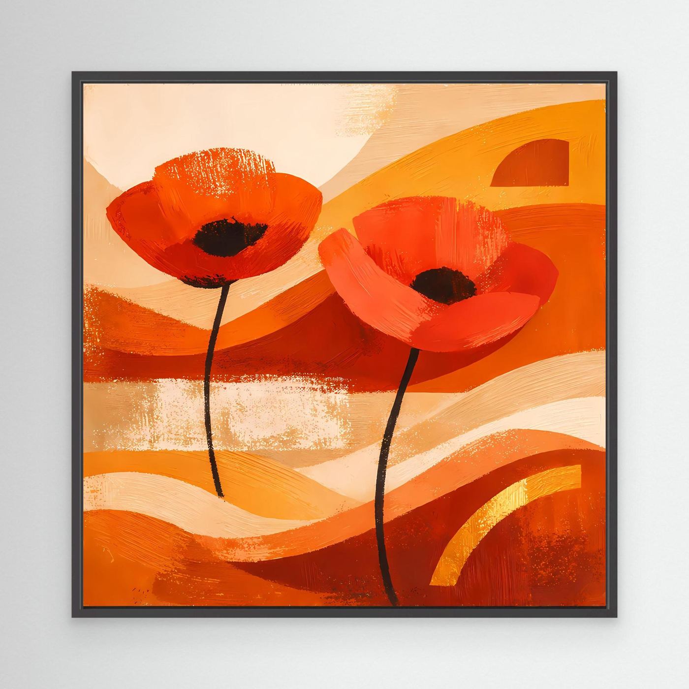 Abstraktes Leinwandbild mit orangefarbenen Mohnblüten im schwarzen Rahmen