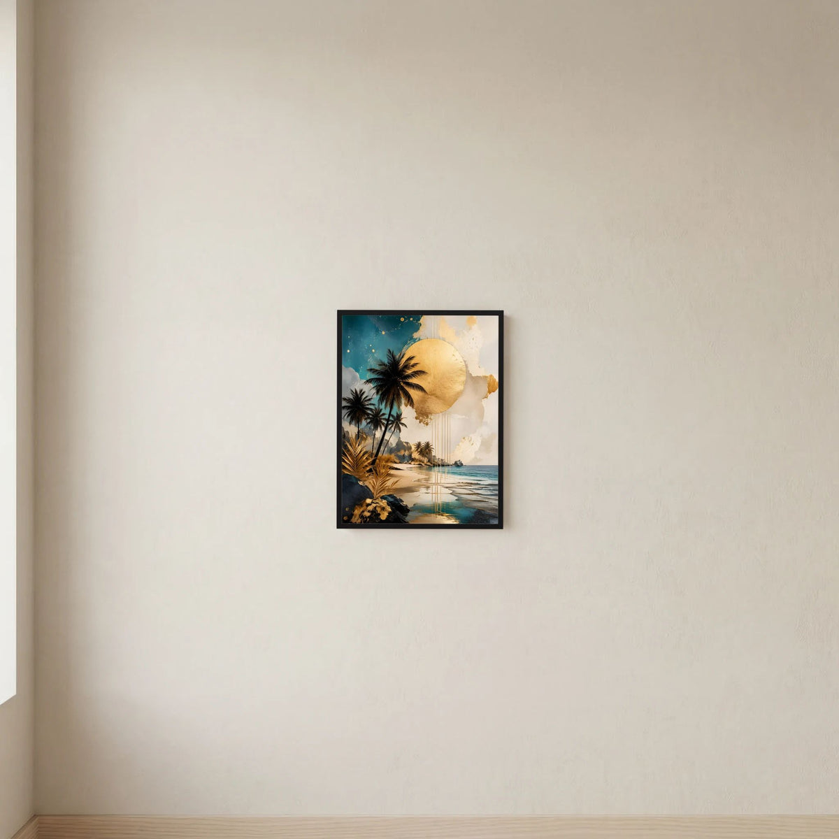 Gerahmtes Poster mit abstrakter tropischer Küste, Palmen und goldener Sonne