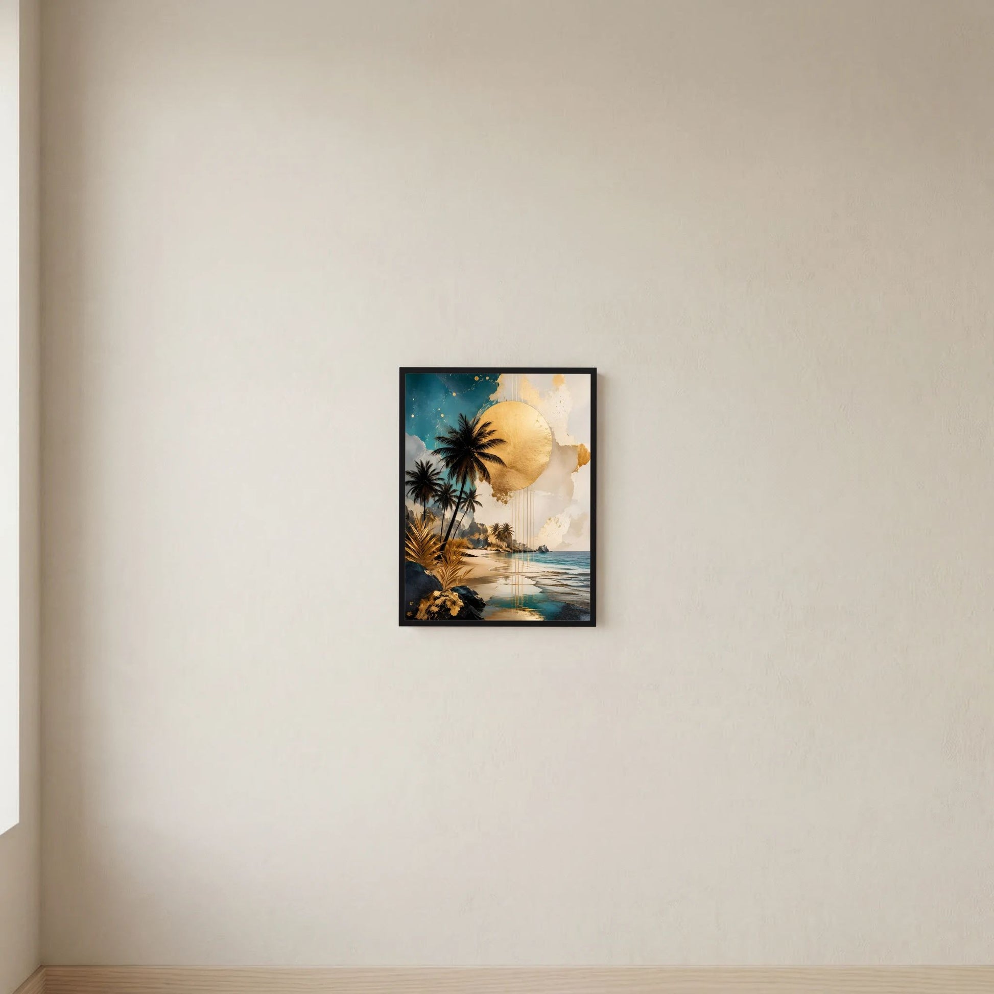 Gerahmtes Poster mit abstrakter tropischer Küste, Palmen und goldener Sonne