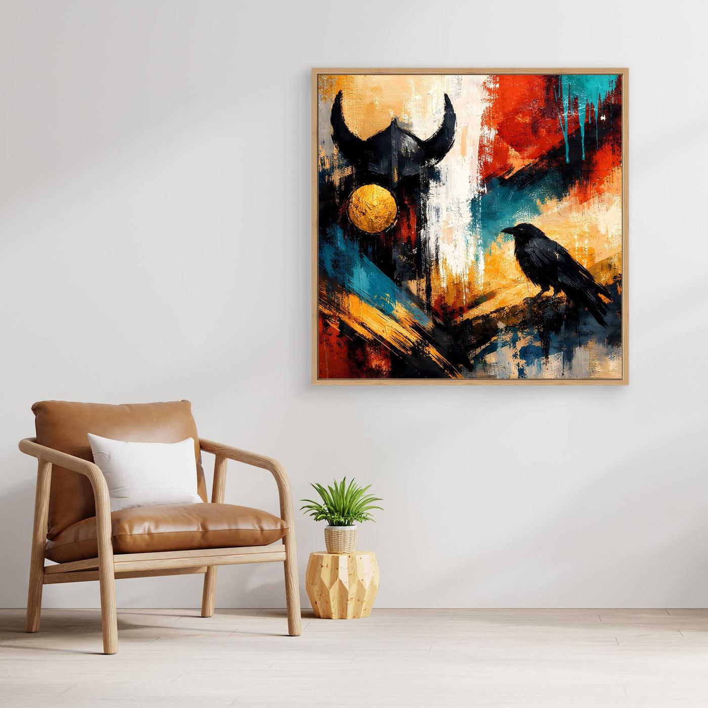 Leinwand-Wandbild mit hellem Holzrahmen, schwarzer Rabe und Odin-Gestalt, abstrakt