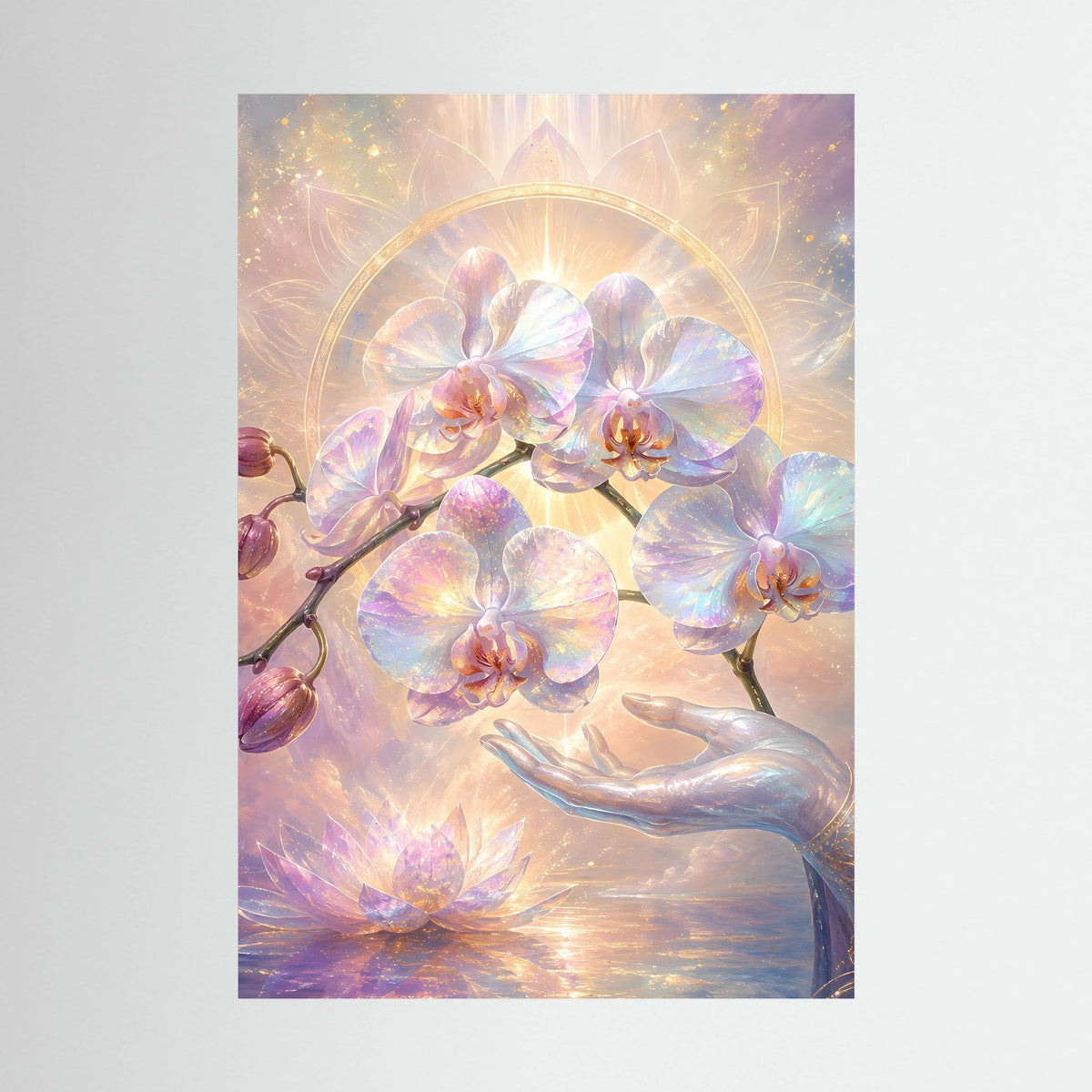 Hochformatiges Kunstposter mit goldener Lichthalo, Pastell-Orchideen und Lotus, Handmotiv