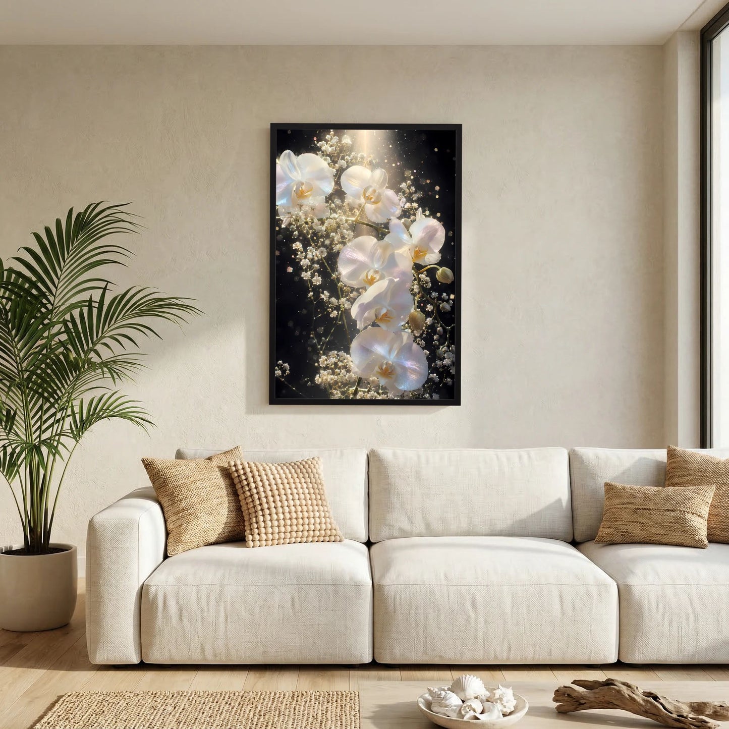 Orchideen-Blumenposter mit weißen Orchideenblüten im schwarzen Rahmen an der Wand