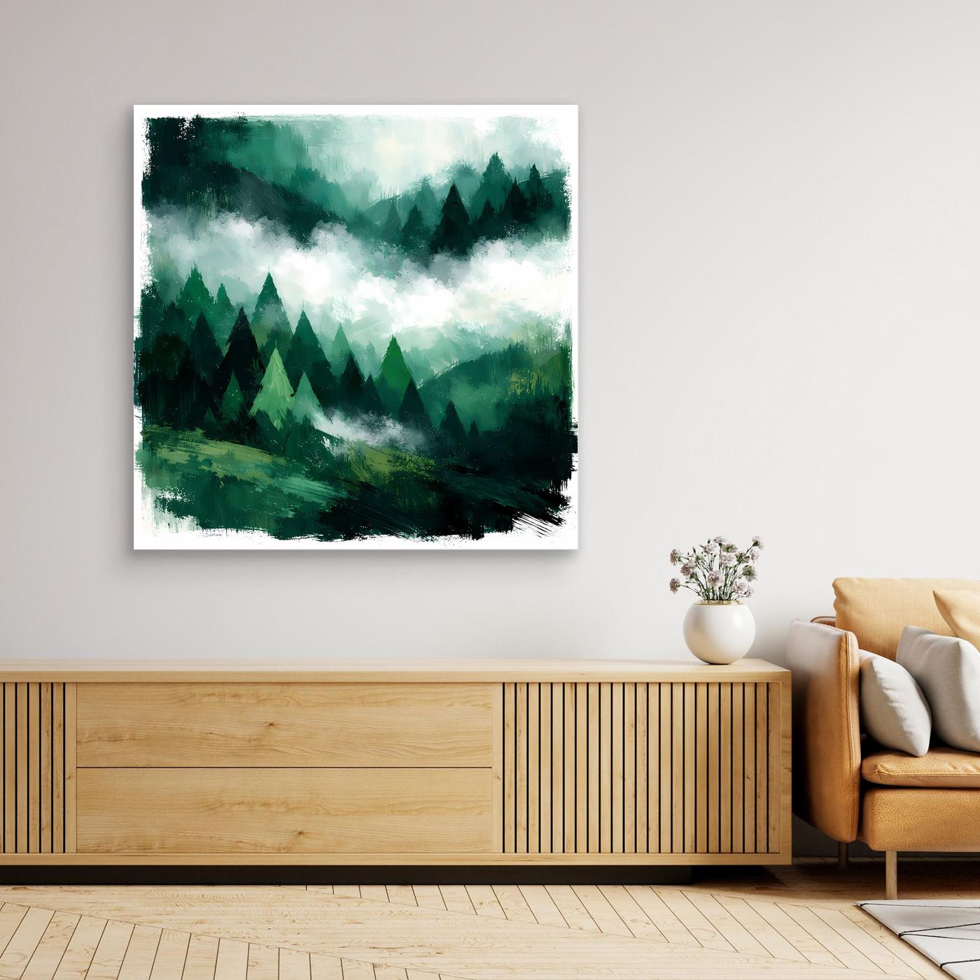Leinwand Magischer Nebelwald in den Bergen | Abstraktes Tannenwald Wandbild