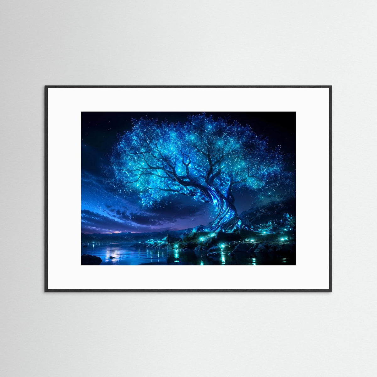 Leuchtender Baum des Lebens mit blauen Lichtern, weißer Rahmen und schwarzes Innenbild