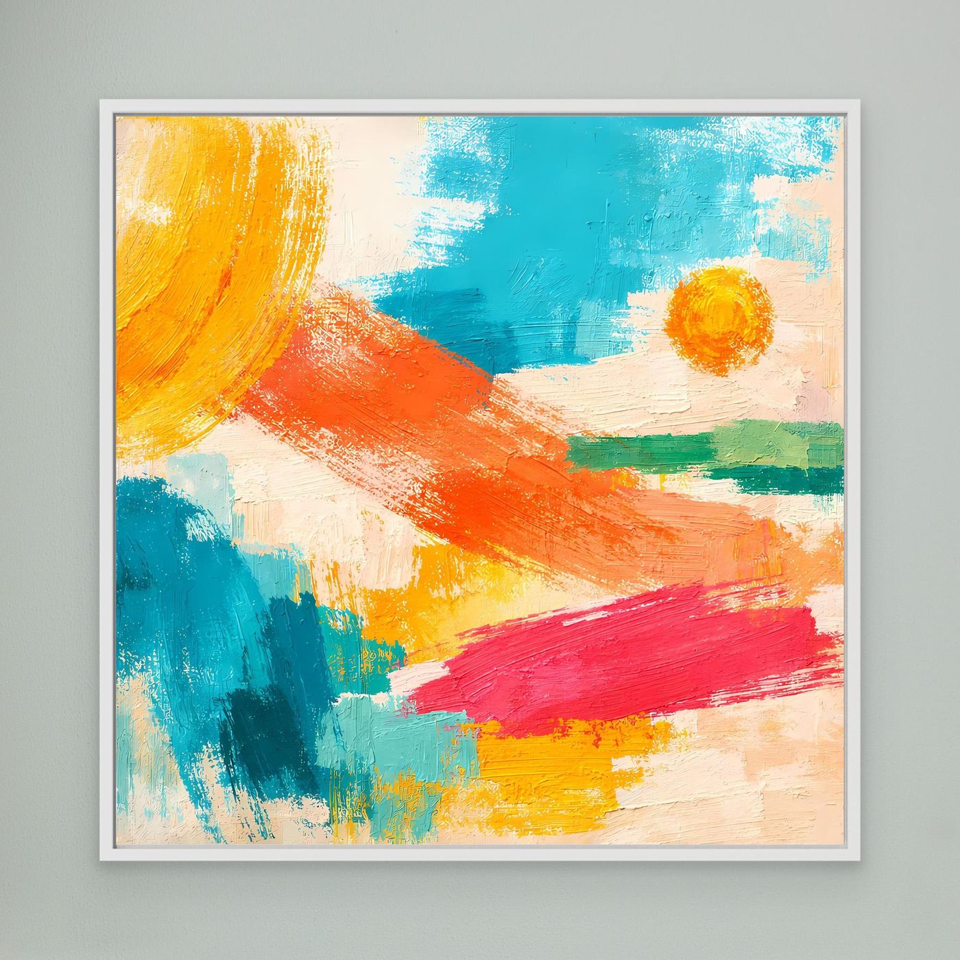Abstract canvas wall art with blue, orange, red and yellow brushstrokes; white frame