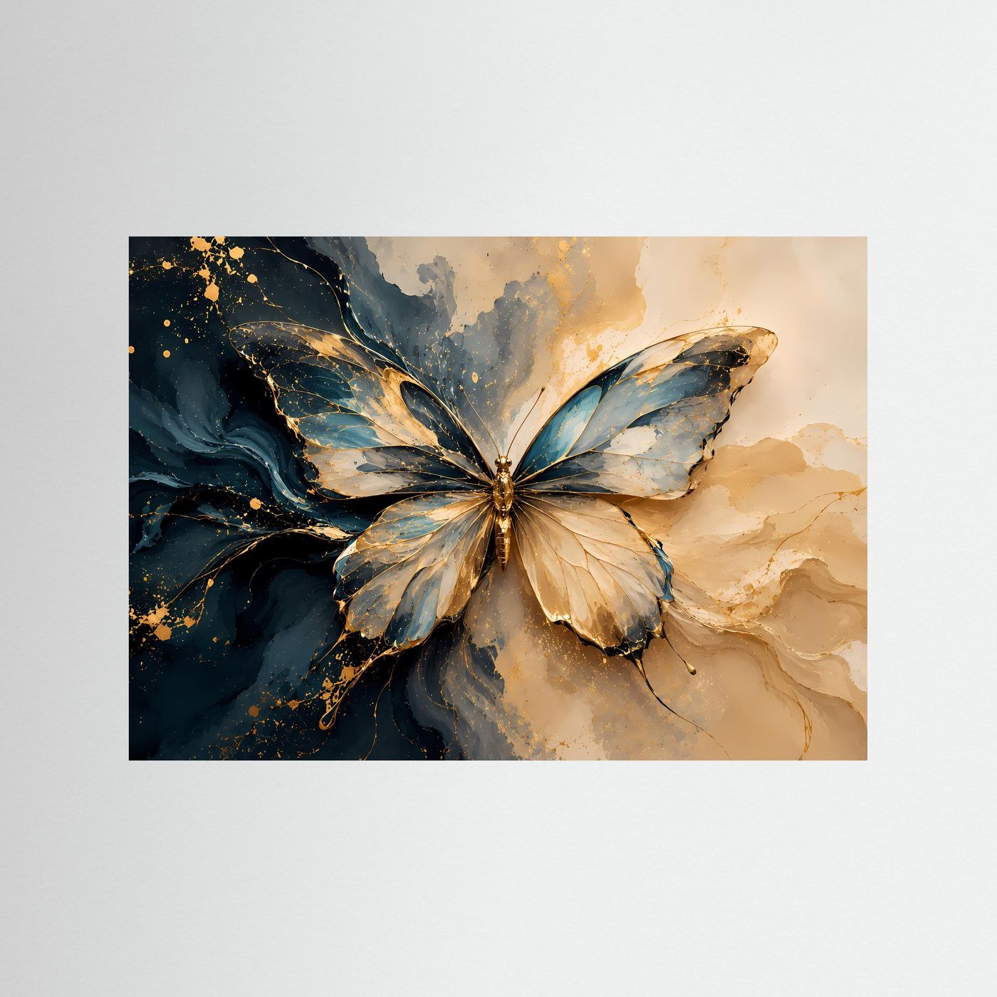 Eleganter Schmetterling in Blau & Gold | Abstrakte Kunst in Creme & Petrol